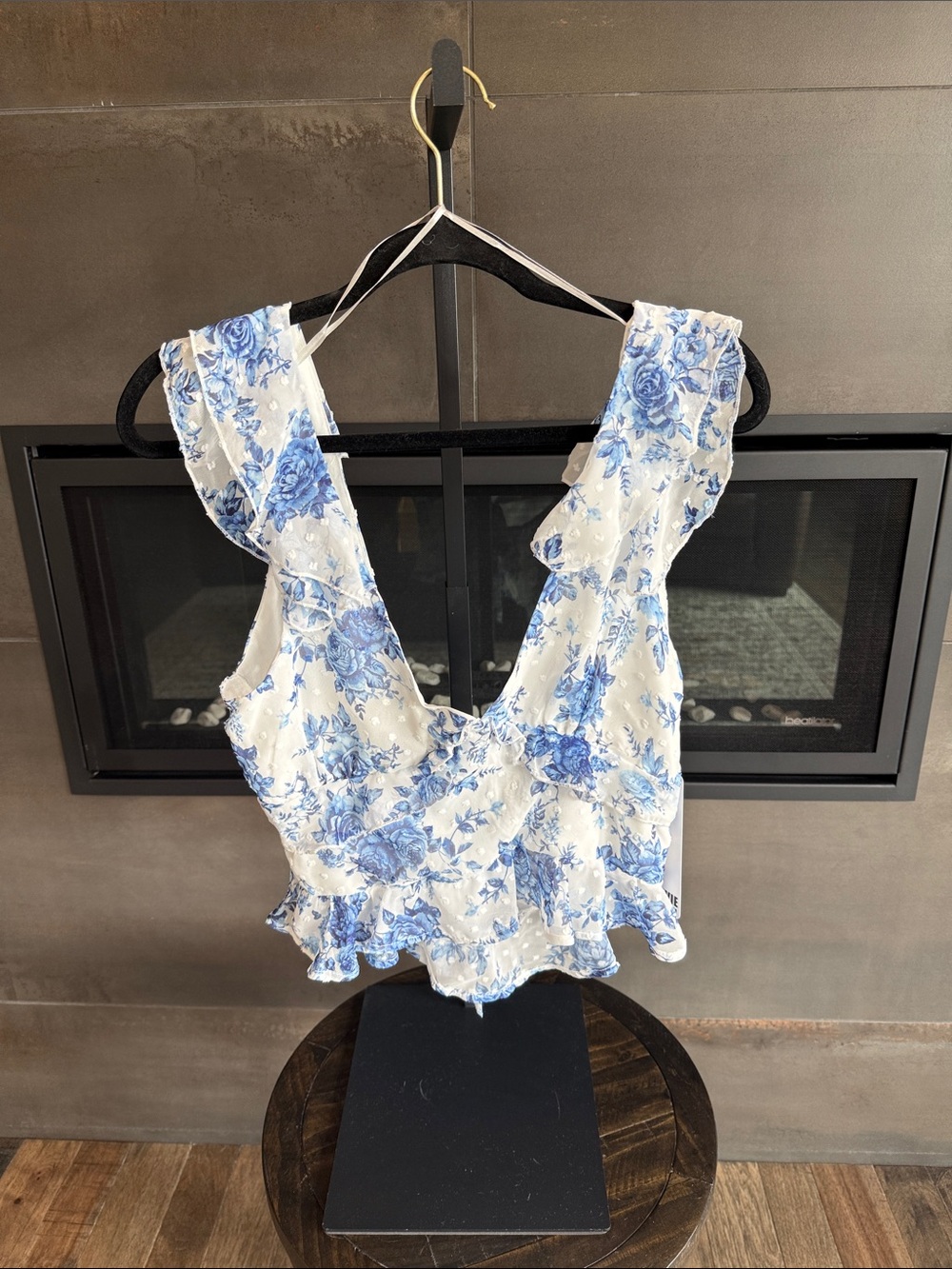 Stevies Blue and White Floral Ruffle Crop Top